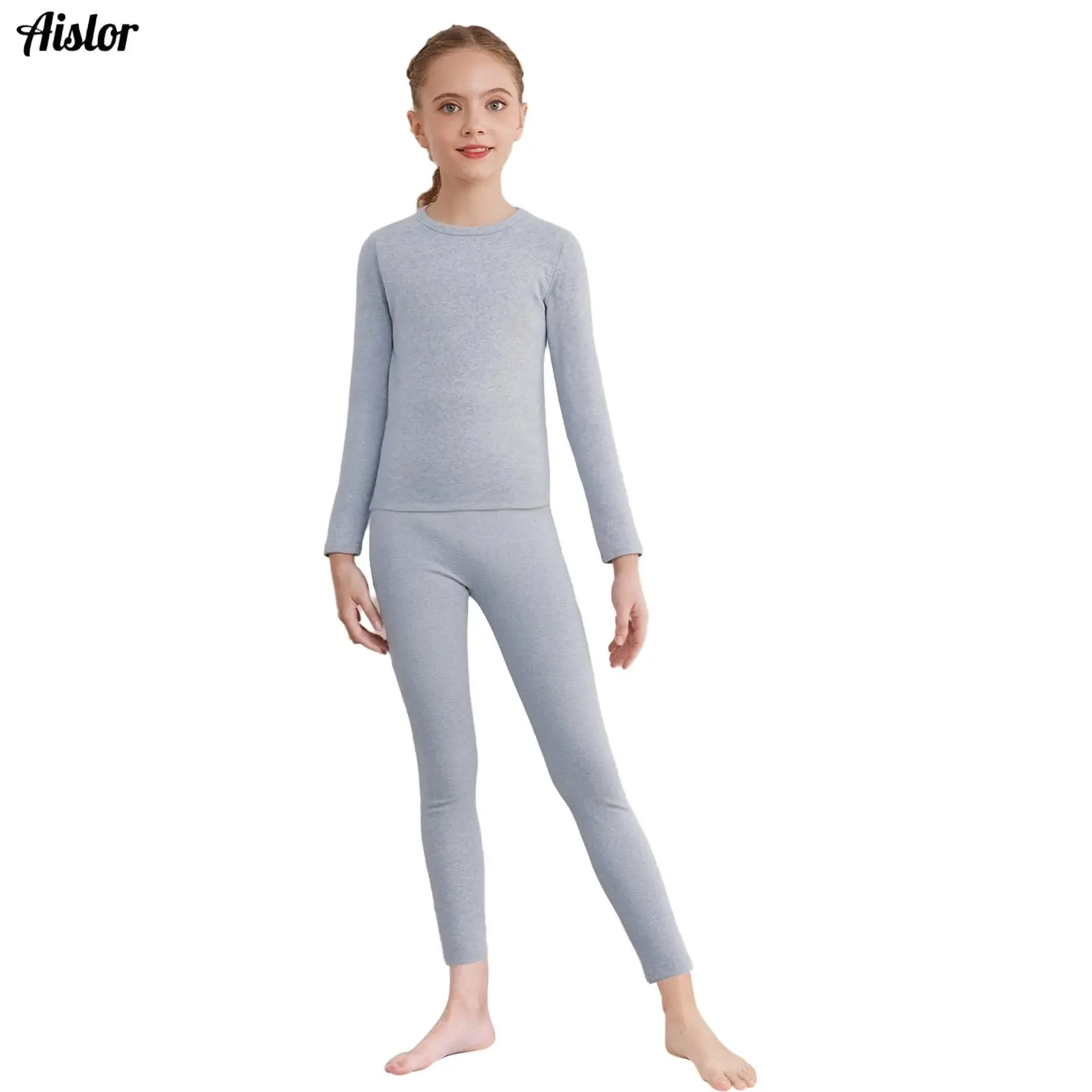 

Kids Girls Thermal Underwear Set Soft Cotton Homewear Sleepwear Round Neck Long Sleeve Pullover Top with Elastic Waistband Pants