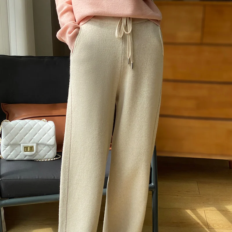 

Women's Knitted Wide Leg Pants, Side Dotted, 100% Merino, Pure Wool, Loose, Slim, Casual, All-in-One, Thick Woolen Pants