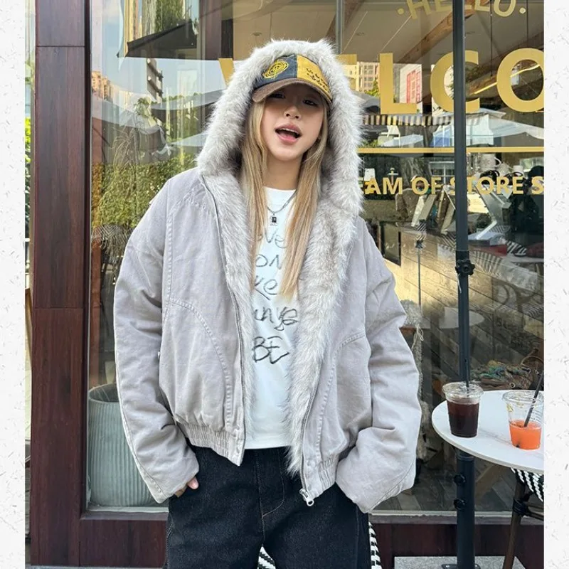 American Retro Fur Collar Hooded Jacket Women Y2K Streetwear Winter New Velvet Thickened Warm Harajuku Loose Casual Jacket