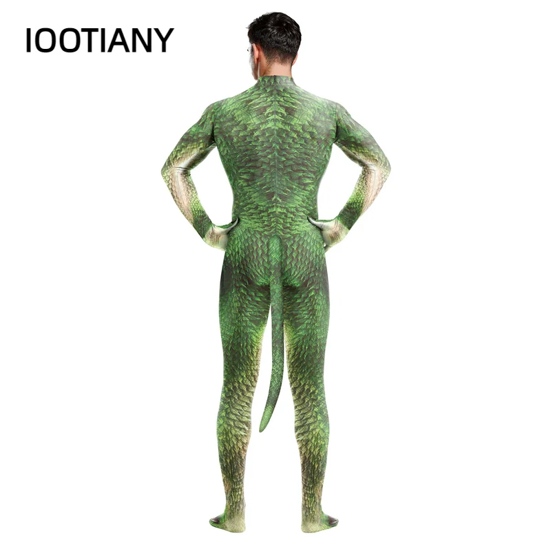 IOOTIANY Adult Cosplay Costumes 3D Crocodile Texture Printed Bodysuit with Tail Crotch Zipper Jumpsuits Catsuits Zentai Suits