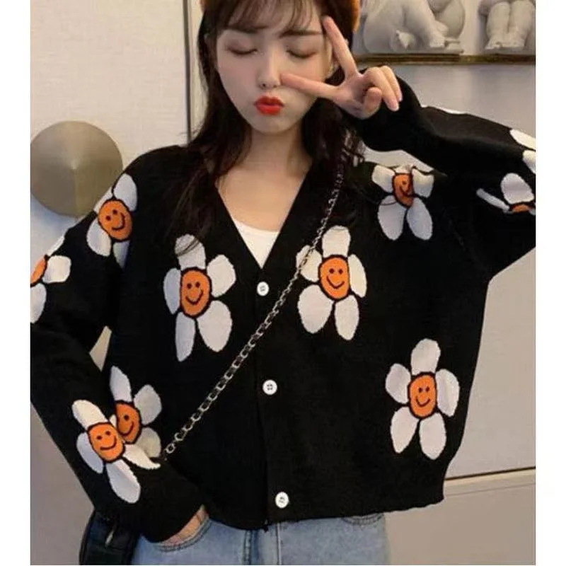 2023 Vintage Flower Knit Cardigans Sweater y2k Women Autumn Winter V Neck Loose Elegant Sweater Coat Female Casual Thick Clothes