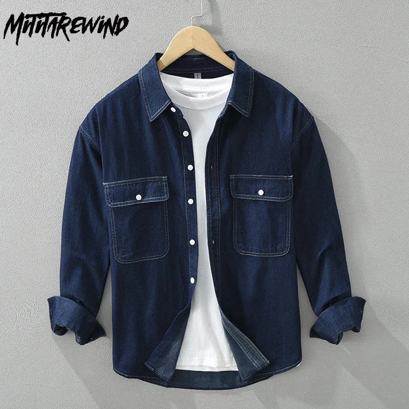 Korean Fashion Men Denim Shirts Spring Autumn Casual Clothing Double Pockets Pure Cotton Long Sleeve Jean Shirt Men Daily Shirts