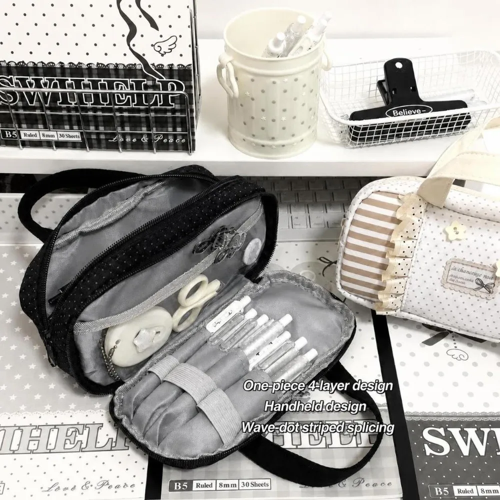Durable Ruffle Design Pencil Case with Handle Large Capacity Pencil Pouch Polka Dot Print Stationery Pouch Students