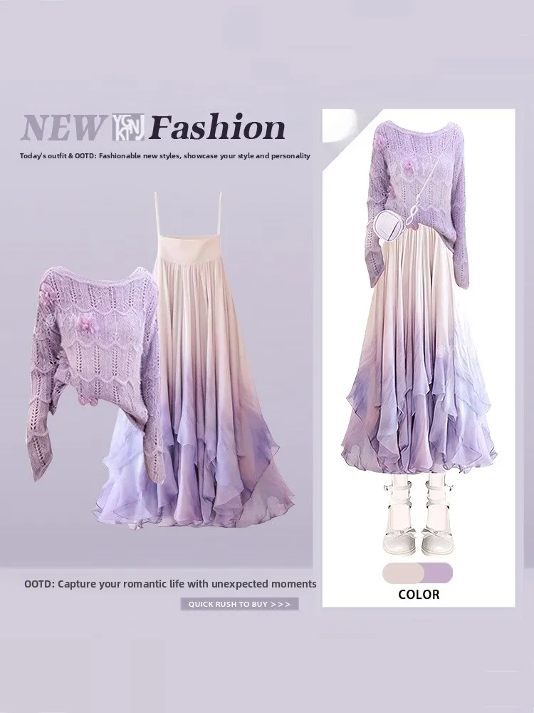 秋冬パープルジェントルスレ透かし彫り3Dフラワーニットトップスとレースヘムラインスカートのツーピースセットレディースファッション