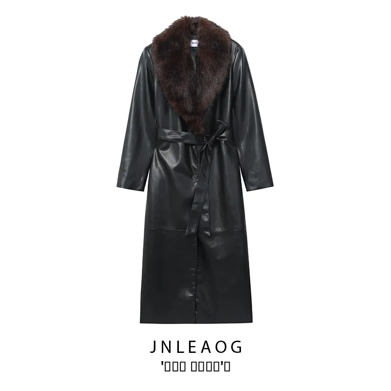 JNLEAOG الخريف جديد المرأة فو الفراء طوق انفصال معطف ملابس خارجية الجلود الاصطناعية تخفيف Sle فضفاضة تناسب طويلة Sve