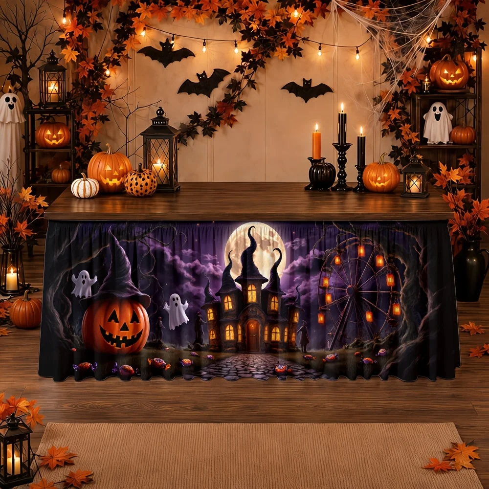 One Halloween tablecloth, featuring patterns of pumpkins, witches, houses, moons, ferris wheels, ghosts, etc.zyc