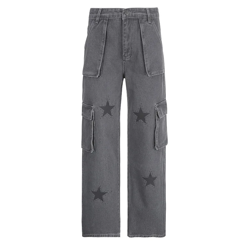 Vita bassa Jeans Vintage Star Retro Multipockets Cargo Pantaloni Streetwear Moda Y2k Grunge Grigio Estetico Vestiti 90s