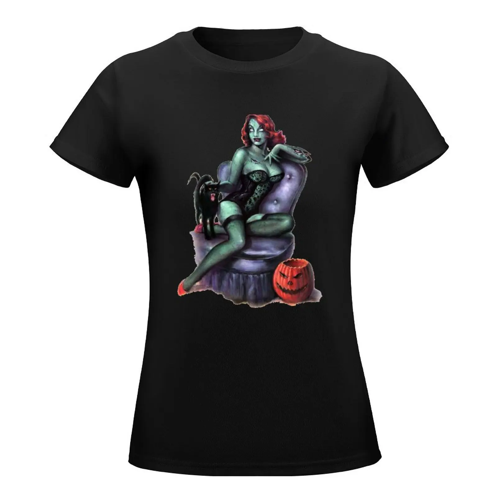 Pin Up Girl Zombie Day Of The Dead Halloween T-Shirt funnys Female clothing workout shirts for Women