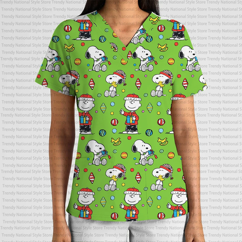 New Women's Elegant Casual Nurse T-Shirt with Cartoon Anime V-Neck Print Scrub Top, suitable for pet shops and grooming salons.