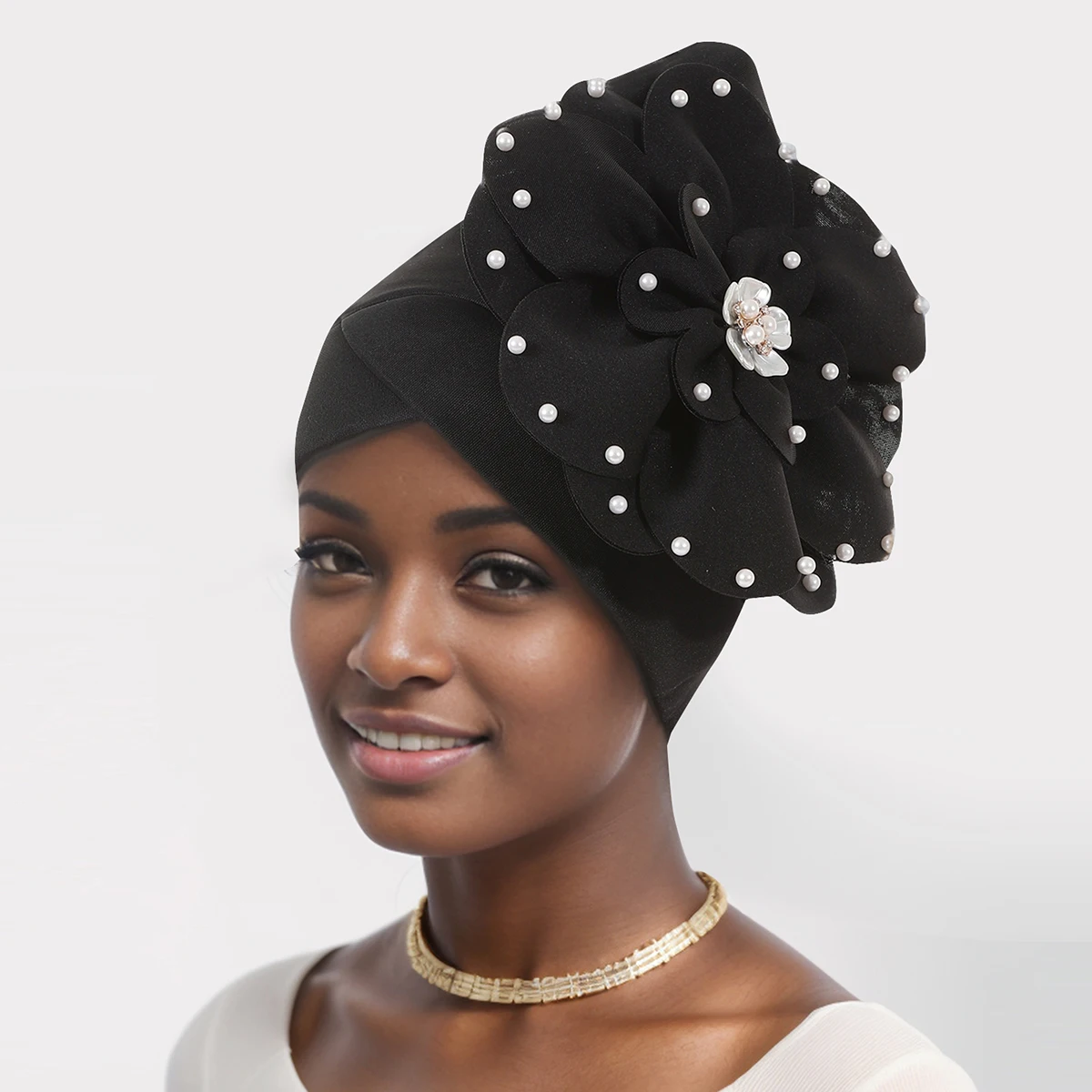 

Nigerian Auto Gele Already Made African Headtie With Beads Women's Flower Head Wraps Turban Cap African Female Party Headgear