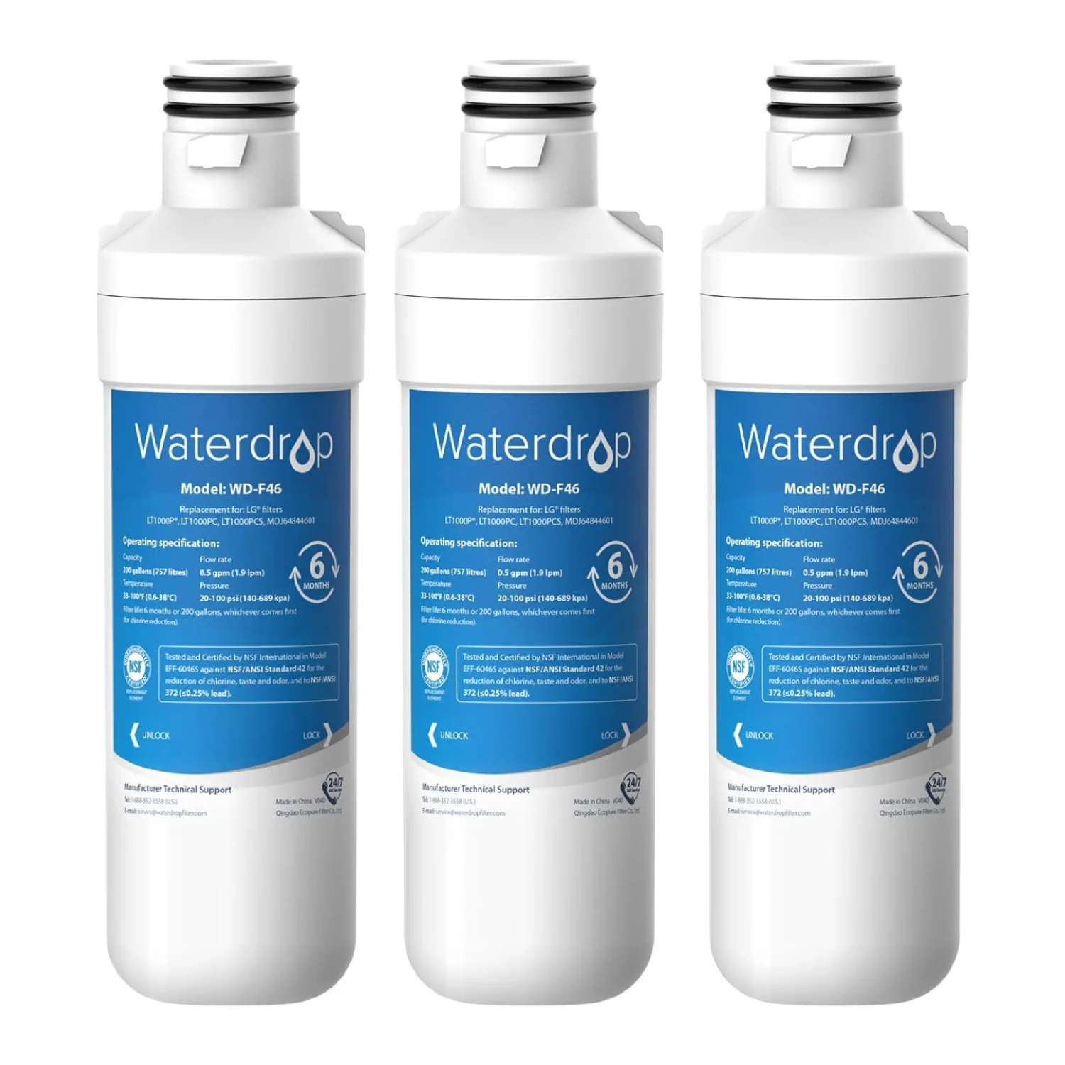 Waterdrop LT1000PC ADQ747935 MDJ64844601 Refrigerator Water Filter, Replacement for LG® LT1000P®, Kenmore 46-9980 (3 Packs)