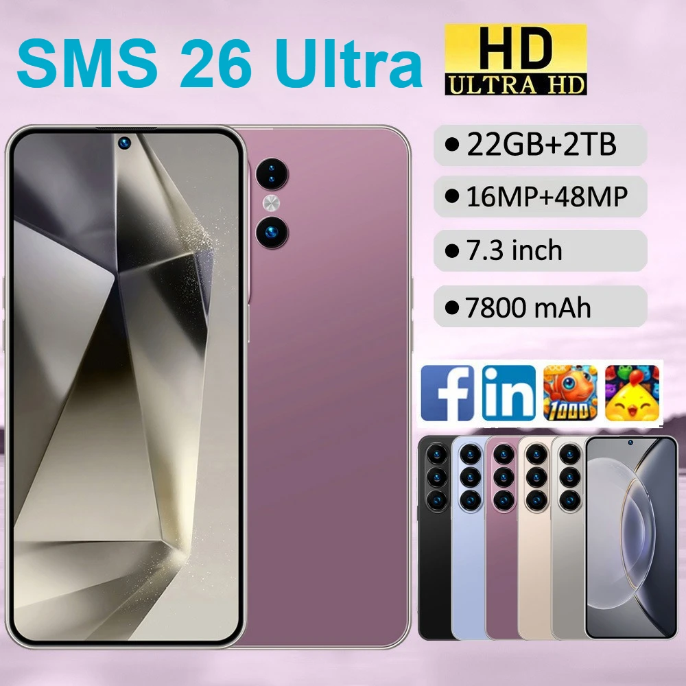 2026 Nieuwe SMS 26 Ultra Android Smartphone 7800mAh Origineel 22GB+2TB Mobiele Telefoons 5G Dual SIM Wereldwijd 7,3 inch Mobiele Telefoons
