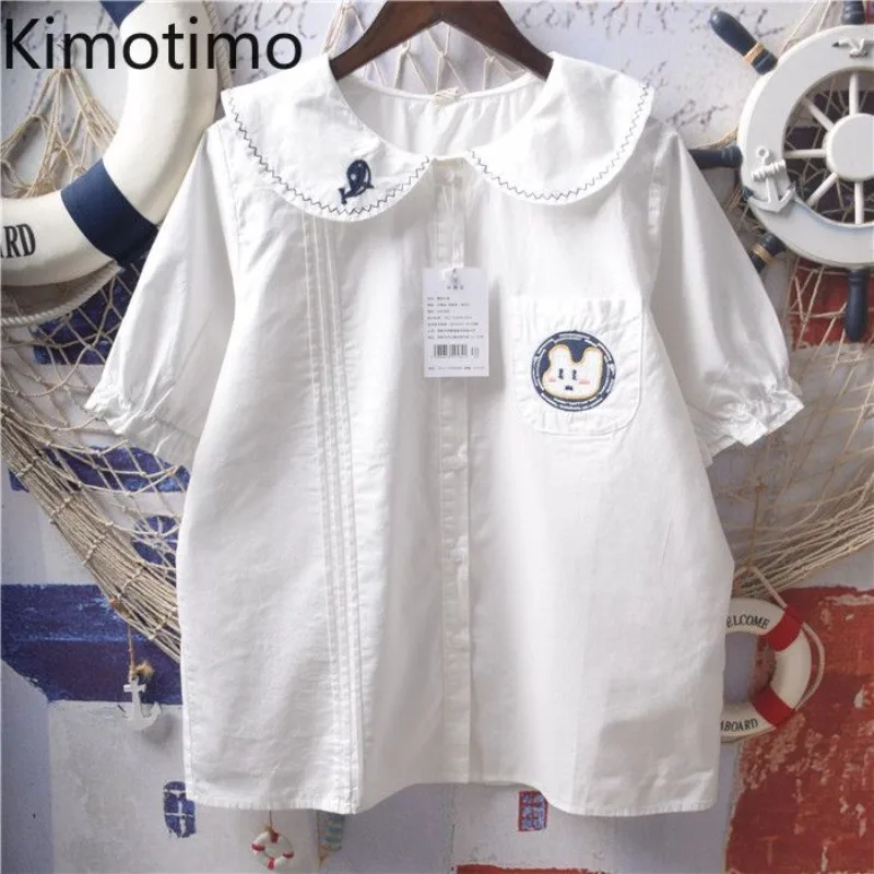 

Kimotimo 2025 Summer Peter Pan Collar Whirt Shirt Women Japanese Sweet Embroidery Short Sleeve Loose Tops Preppy Style Blouse