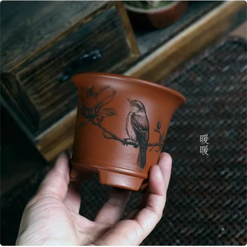 Ceramic Bonsai Pot,Carved Squirrel Pattern,Purple Sand Flower Pot,Small Vase, Indoor Flower Pot,Garden Deoctation