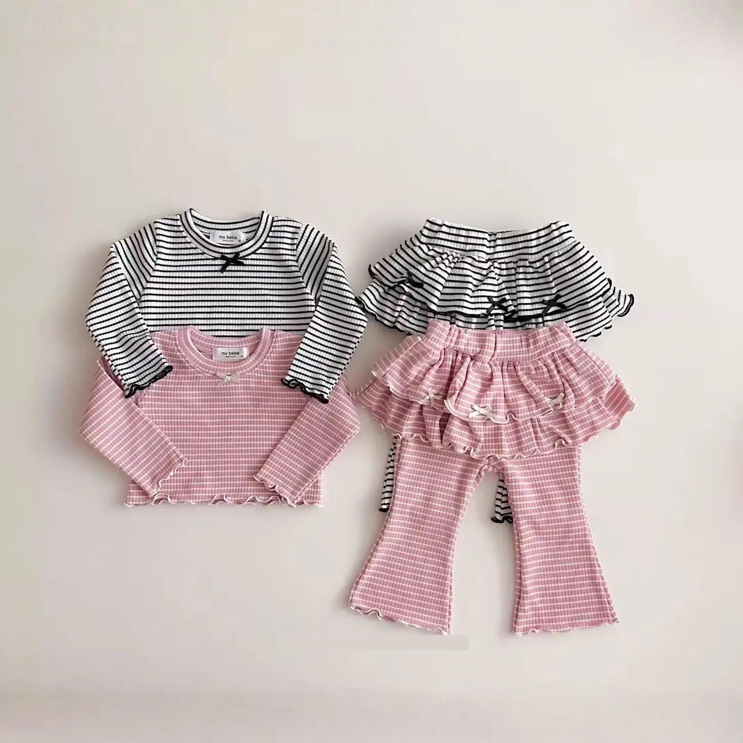 2026 ربيع جديد الأطفال ملابس طويلة الأكمام مجموعة عقدة شعر للفتيات مخطط القمم + كولوتيس 2 قطعة دعوى الرضع طفل القطن ملابس فضفاضة #1