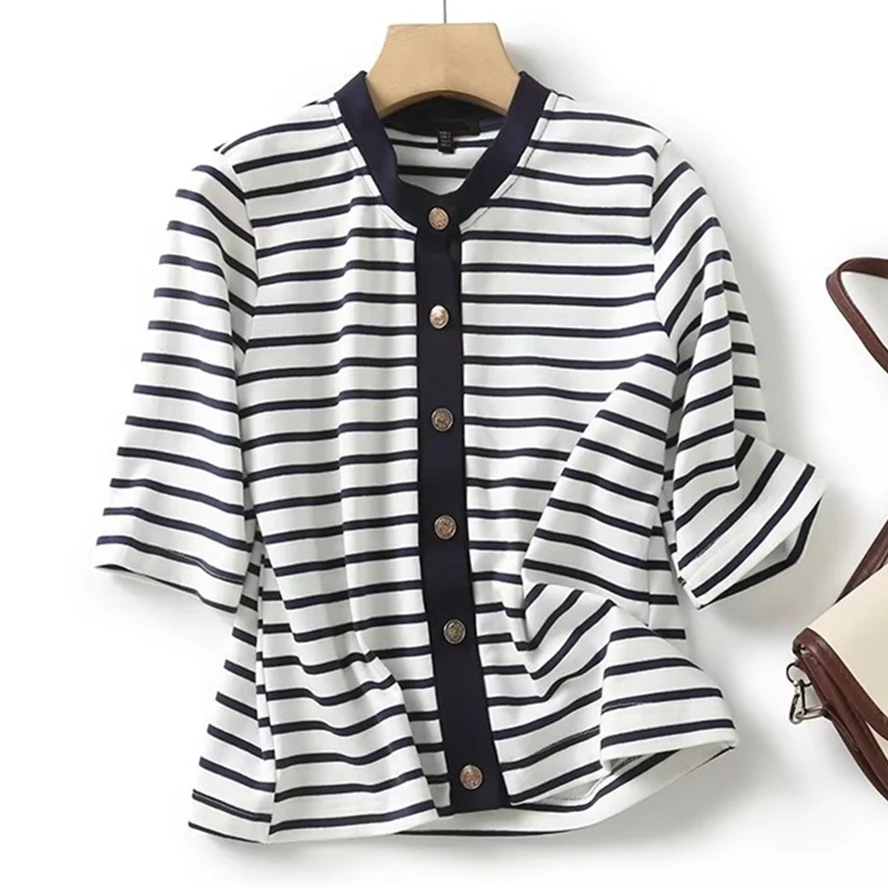 

Jenny&Dave New Women's Clothing French Fashion Simple Striped 2023 Top Office Ladies Single Breasted Knit Cardigan