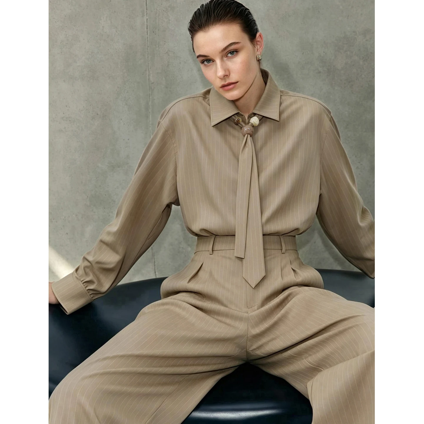 Amii Minimalist Women Stripe Shirt Autumn Fashion Lapel Concealed Placket Loose Wide Leg Pants Casual Trousers Separate 12623109