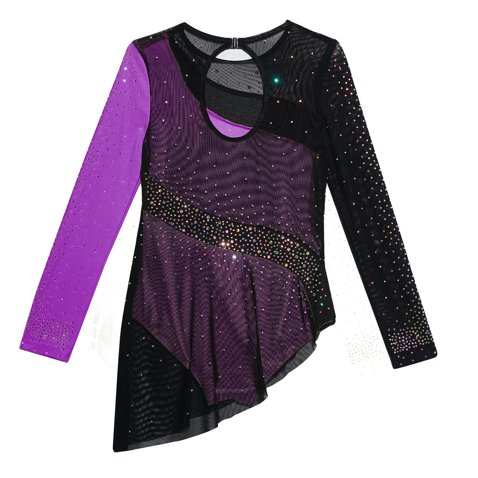 Kid Girl Figure Skating Acrobatics Dance Tutu Dress Long Sleeve Rhinestones Mesh Color Block Leotard Rhythmic Gymnastics Costume