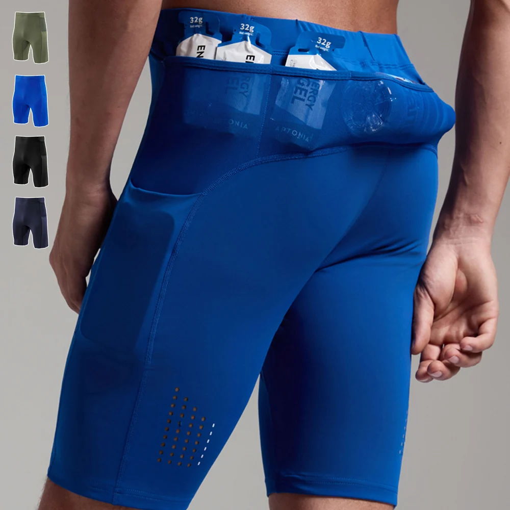 Men Multi-Pocket Running Compression Shorts Quick Dry Marathon Athletic Tights with Energy Gel Storage Pockets