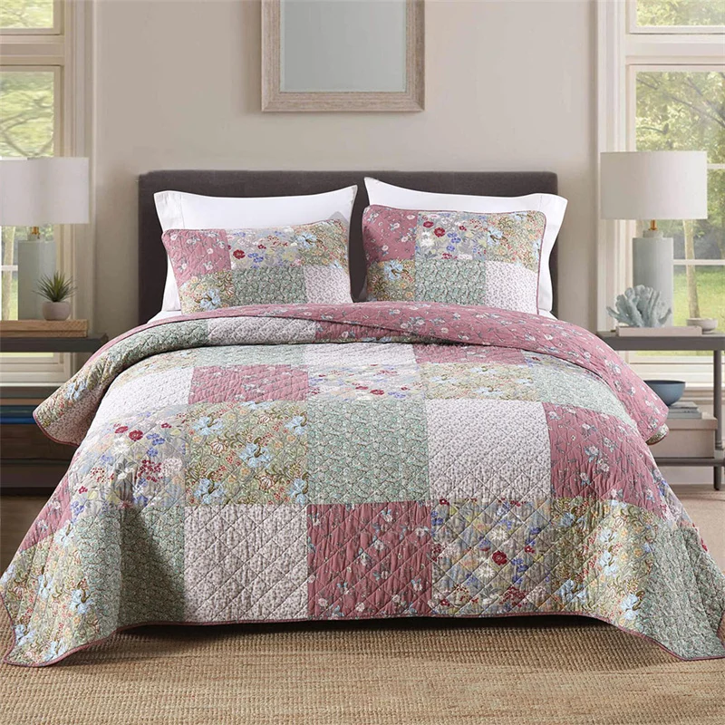 

3PCS Retro Quilted Bedspread on The Bed Plaid Cotton Quilt Set Padded Bed Cover Coverlet Patchwork Blanket for Bedroom Comforter