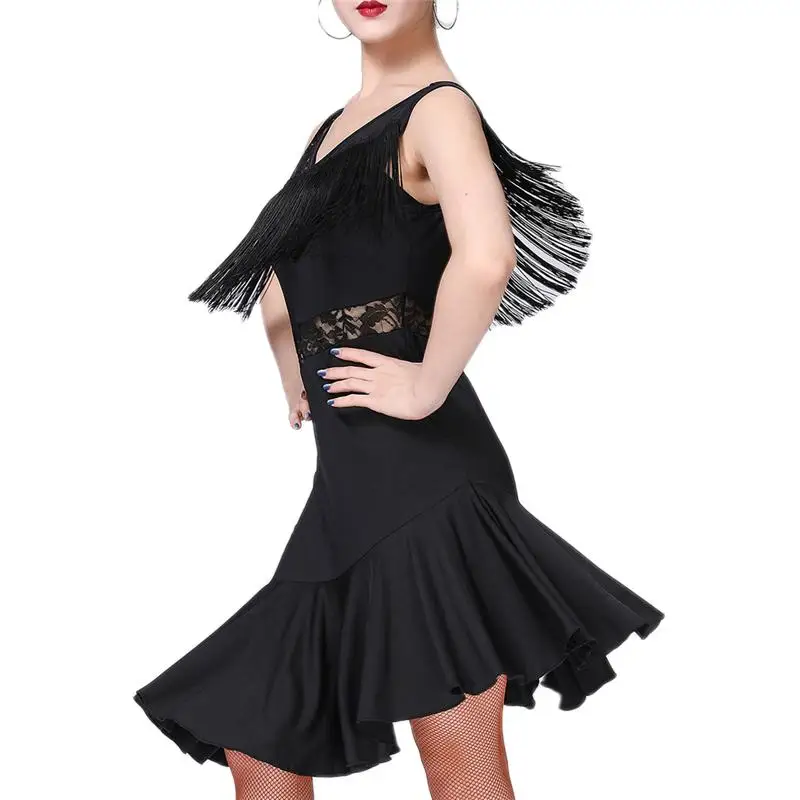 Vestido de baile latino de Jazz para mujer, traje transparente con borlas de encaje Floral, ropa de baile para práctica de escenario de salón