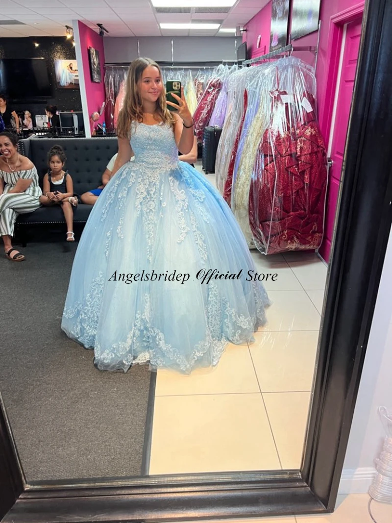 ANGELSBRIDEP-vestido de baile azul cielo para quinceañera, 15 vestidos de fiesta con purpurina, apliques de tul, baile Formal de máscaras, vestidos de cumpleaños de Cenicienta