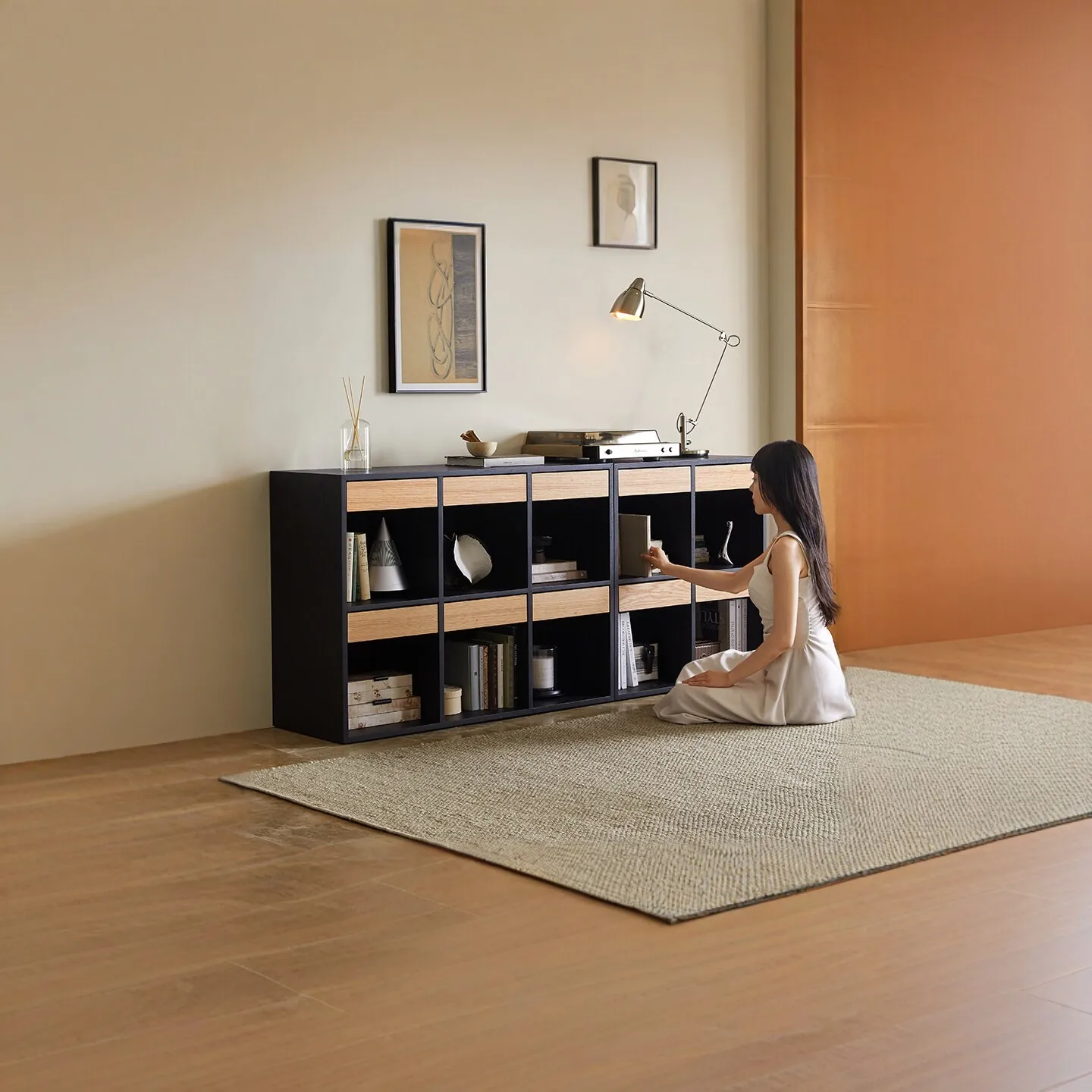 Wabi Sandy Wind Solid Wood Bookcase Living Room Wall Floor Record Cabinet Display Cabinet Simple Modular Free Combination