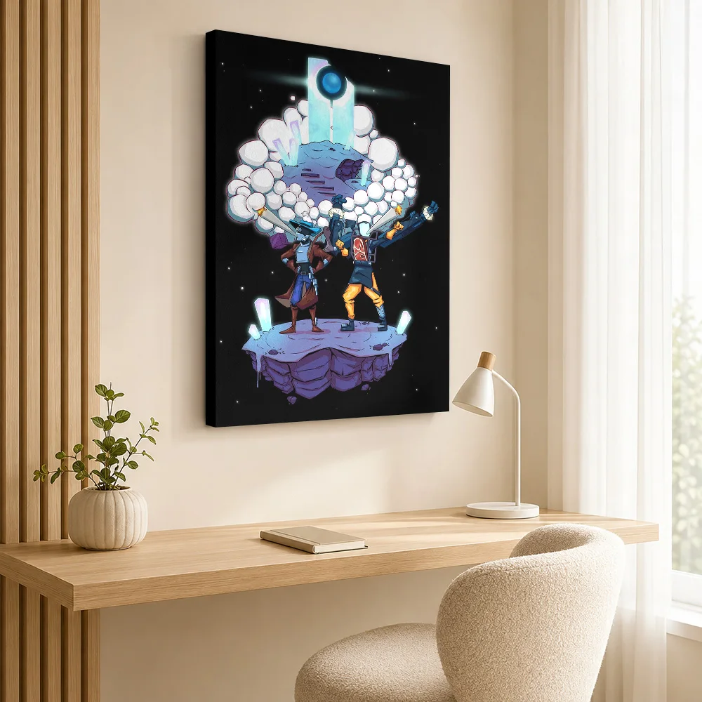 Stylized Sci-Fi Characters On Floating Island Canvas Poster Customized Photo Gaming Anime Wall Paintings Decoration for Bedroom
