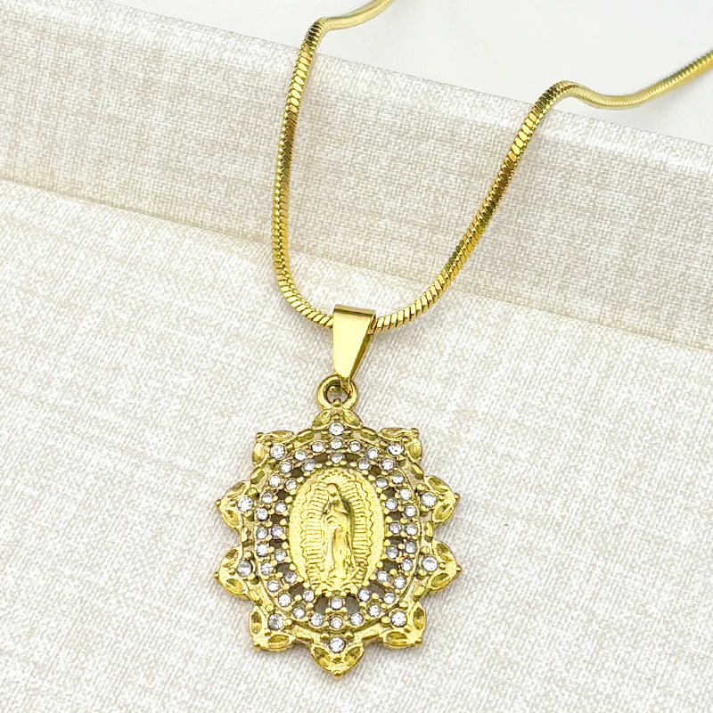 مريم العذراء زهرة كريستال قلادة للنساء الرجال الفولاذ المقاوم للصدأ الذهب اللون سلاسل سيدة غوادالوبي القلائد مجوهرات #3
