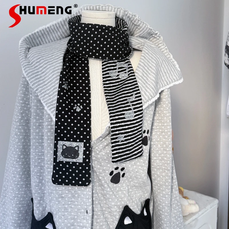 

Japanese Lolita Polka Dot Striped Scarf Double-Sided Versatile Vintage Cute Glitter Print Wrap Apparel Accessories Neckerchief