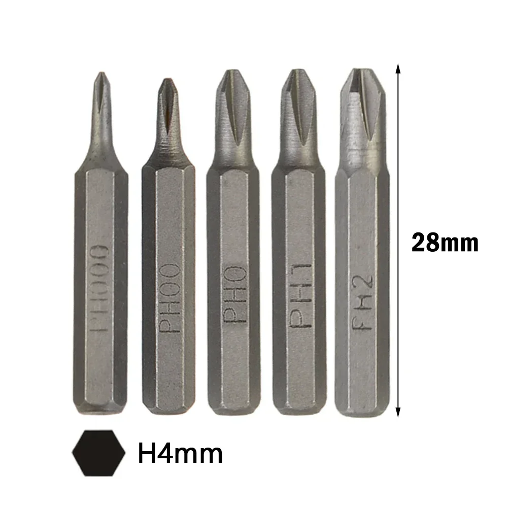 Chave de fenda transversal magnética, Hex Shank Nutdrivers, ferramentas manuais, PH0000, PH000, PH00, PH0, PH1, PH2, 4mm, 28mm, 5 pcs