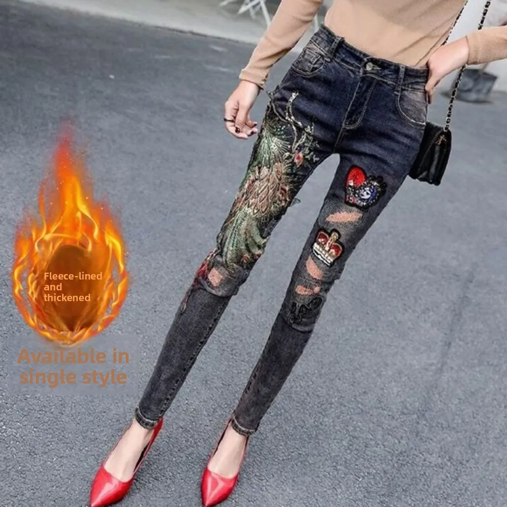 

Джинсы-карандаш с высокой талией и вышивкой, облегающие, осенне-зимние, длинные брюки, женские повседневные модные утепленные джинсовые скинни