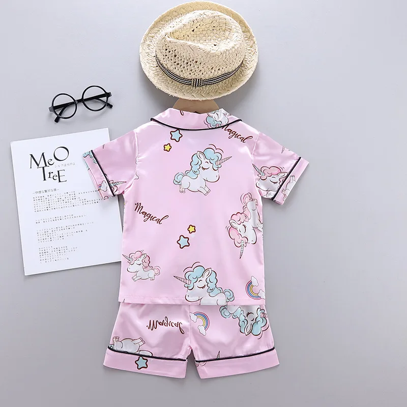 Unicorn Baby Girls Pajamas Clothing Set Summer New Cartoon Pattern Lapel T-shirt+Short Pants 2Pcs Suit For 1-5Y Kids Home Wear