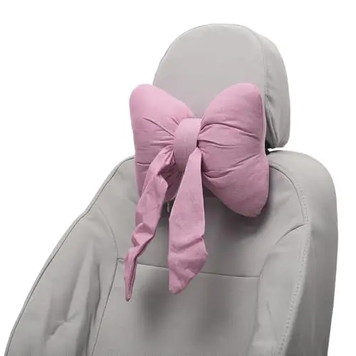 

Pink Bow-Style Car Headrest Cushion With Memory Foam Support, Cotton-Linen Blend, Adjustable Fit For Travel And Driving