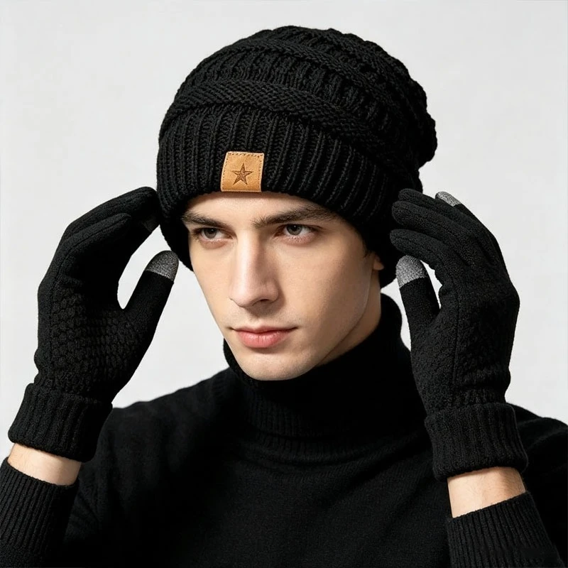 1/3/5Sets Unisex Winter Fashion Knitted Beanie Plush Fur Lined Warm Five Pointed Star Decor Outdoor Sports Cap for Men Women