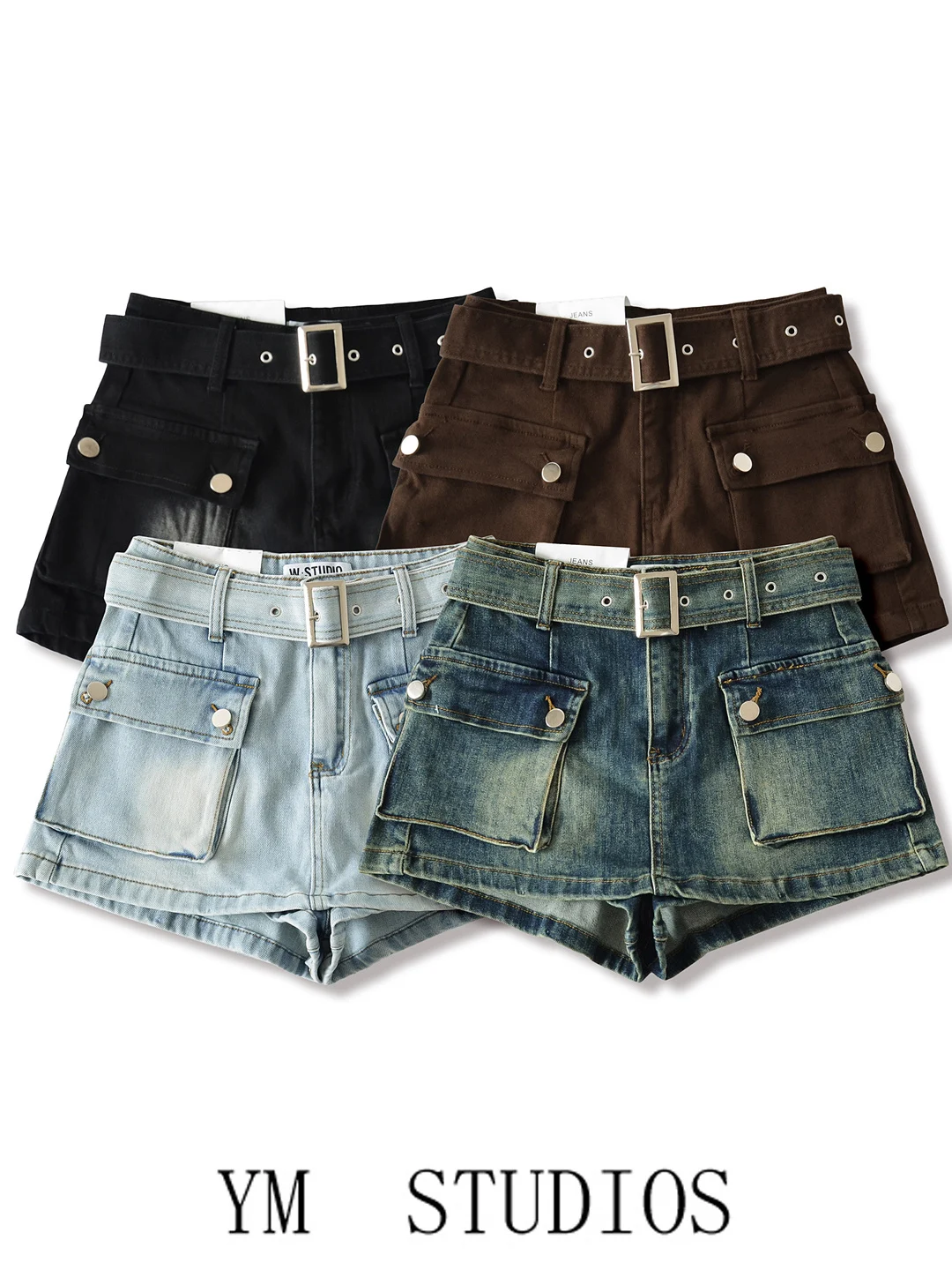 High Waist A-Line Denim  Skirt Women's Fashion Street Style Pockets Anti-Light Skirt Belt Decorated Ladies' Polyester Fiber