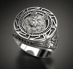 Retro Wolf Totem Nordic Mythology Viking Warrior Wolf Head Men Ring Geometric Design Customizable Sizes