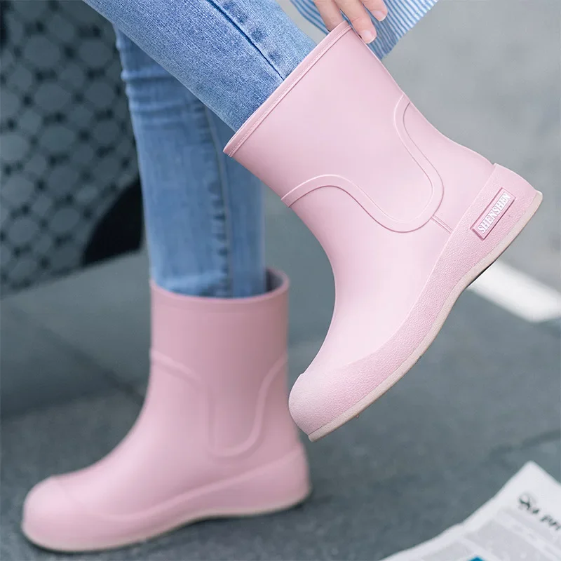 Women Mid Calf Waterproof Anti Slip Rubber Rain Boots Fashion Outdoor Kitchen Gardening Water Shoes