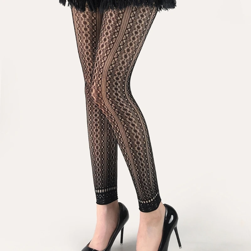 Women Sexy High Waist Fishnet Footless Leggings Flower Jacquard Patterned Mesh Net Tights Black Ankle Length Pantyhose Stockings