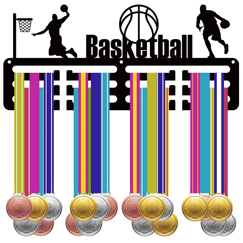 Soporte de exhibición de medallas de baloncesto montado en la pared con múltiples ganchos, perfecto para competiciones y deportes, utilizado para instalar un