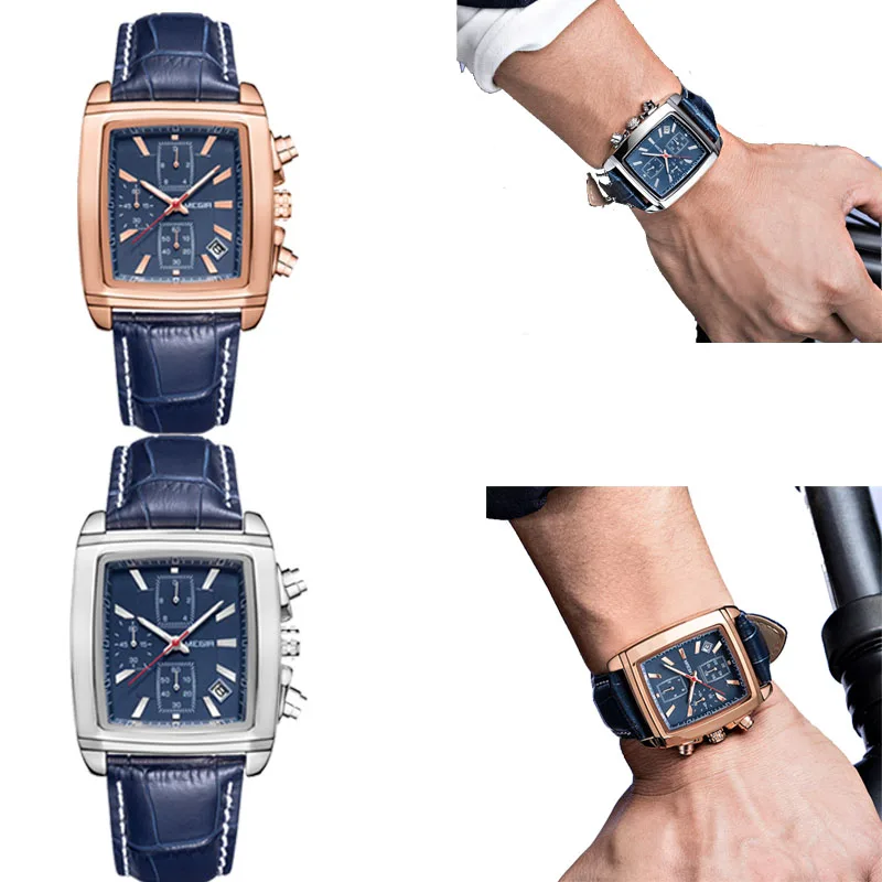 

Men Top Brand Luxury Leather Rectangle Dial Strap Watch for Men Casual Blue Chronograph Quartz Watches Man Wristwatch Montre