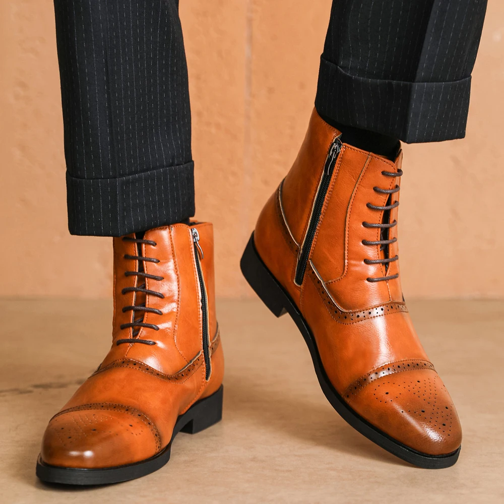 High Top Men's Leather Boots Side Zipper Men's Motorcycle Boots Retro Men's Ankle Boots Lightweight Comfort Autumn Winter Shoes