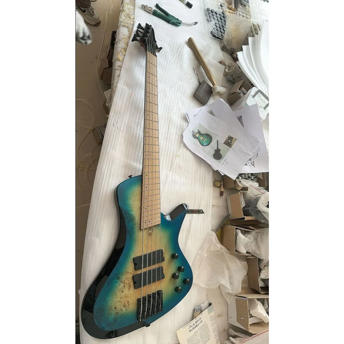 

Fanned Fret 5 string Electric Bass Guitar Blue Burl Burst,Poplar Burl Roasted Maple Fingerboard Black Hardware