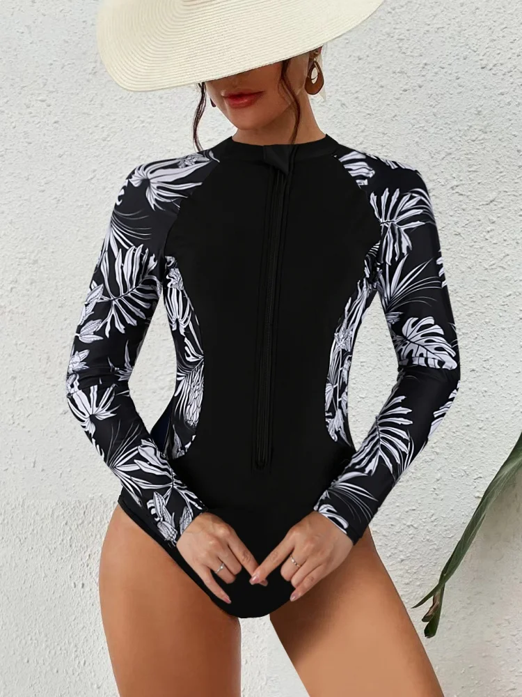 

One Piece Swimsuit Women 2025 New Solid Print Long Sleeve Sexy Bodysuit Swimwear Monokini Summer Beachwear Bathing Suit Female