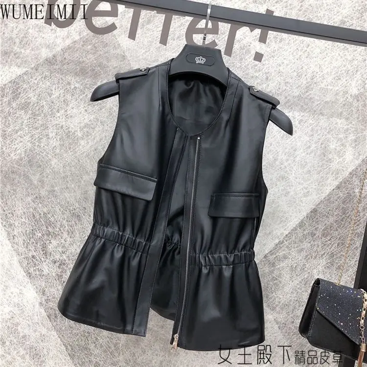 2025 Spring and Autumn New Simulation Leather Vest Women's Short  Sheepskin Vest Wear Fashion Sleeveless Outside