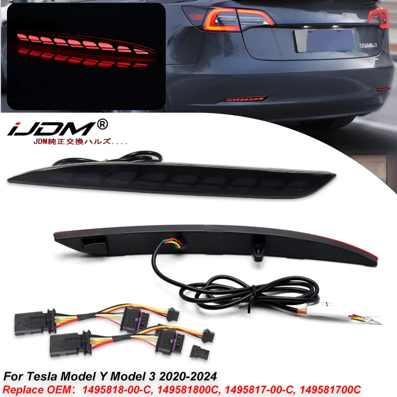 

1Pair Car Rear Bumper Reflector For Tesla Model Y Function as Tail,Brake,Rear Fog or Sequential Blink Turn Signal Lamp 2020-2024