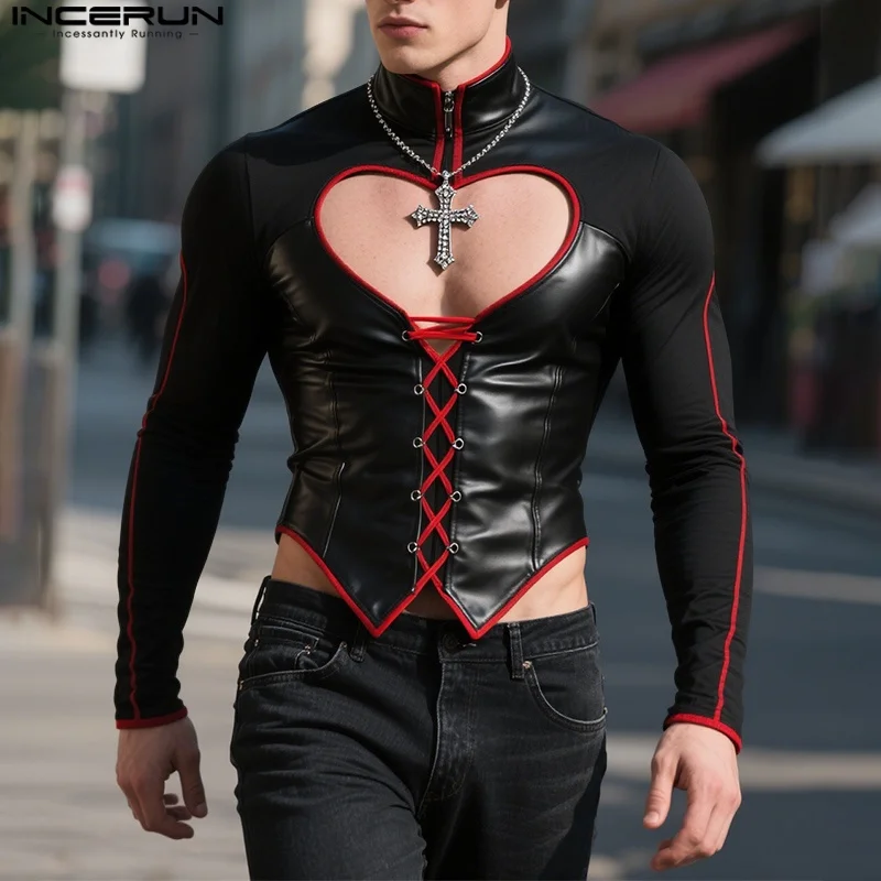 INCERUN Men T Shirt Patchwork Color-block Hollow Out Lace Up Male Crop Tops Sexy Zipper Long Sleeve Streetwear Men Clothing 2025