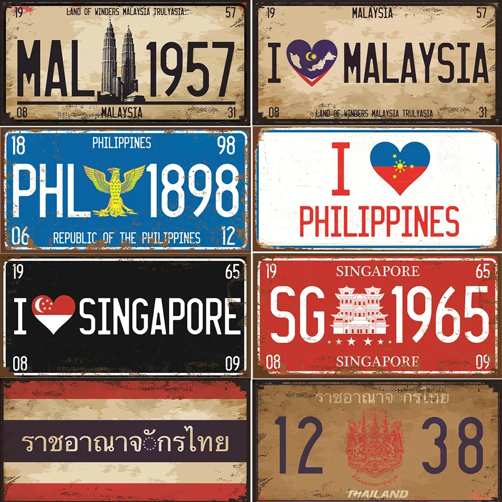 Country Vintage Metal Sign Tin Plate Flag Signs License Plate Home Decor Wall Malaysia/Philippine/Singapore/Thailand Poster