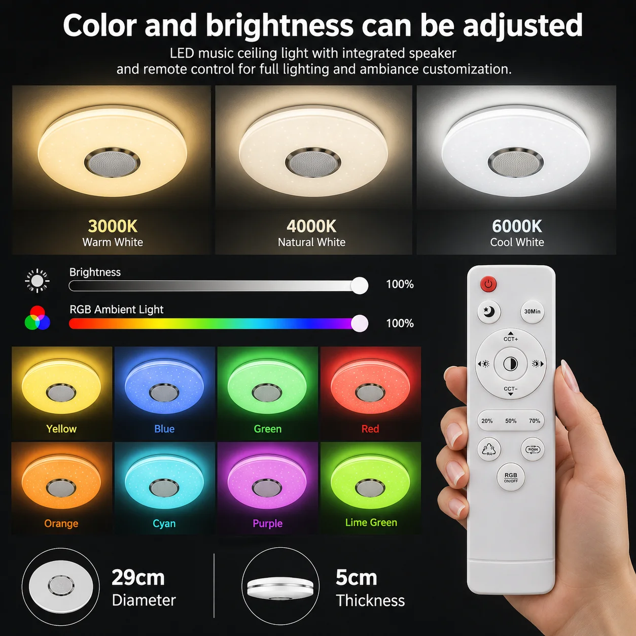 1PC Ceiling Light with Bluetooth Speaker & Remote Control Integrated, 220 V-240V,LED RGB Colour Changing Ceiling Light Dimmable