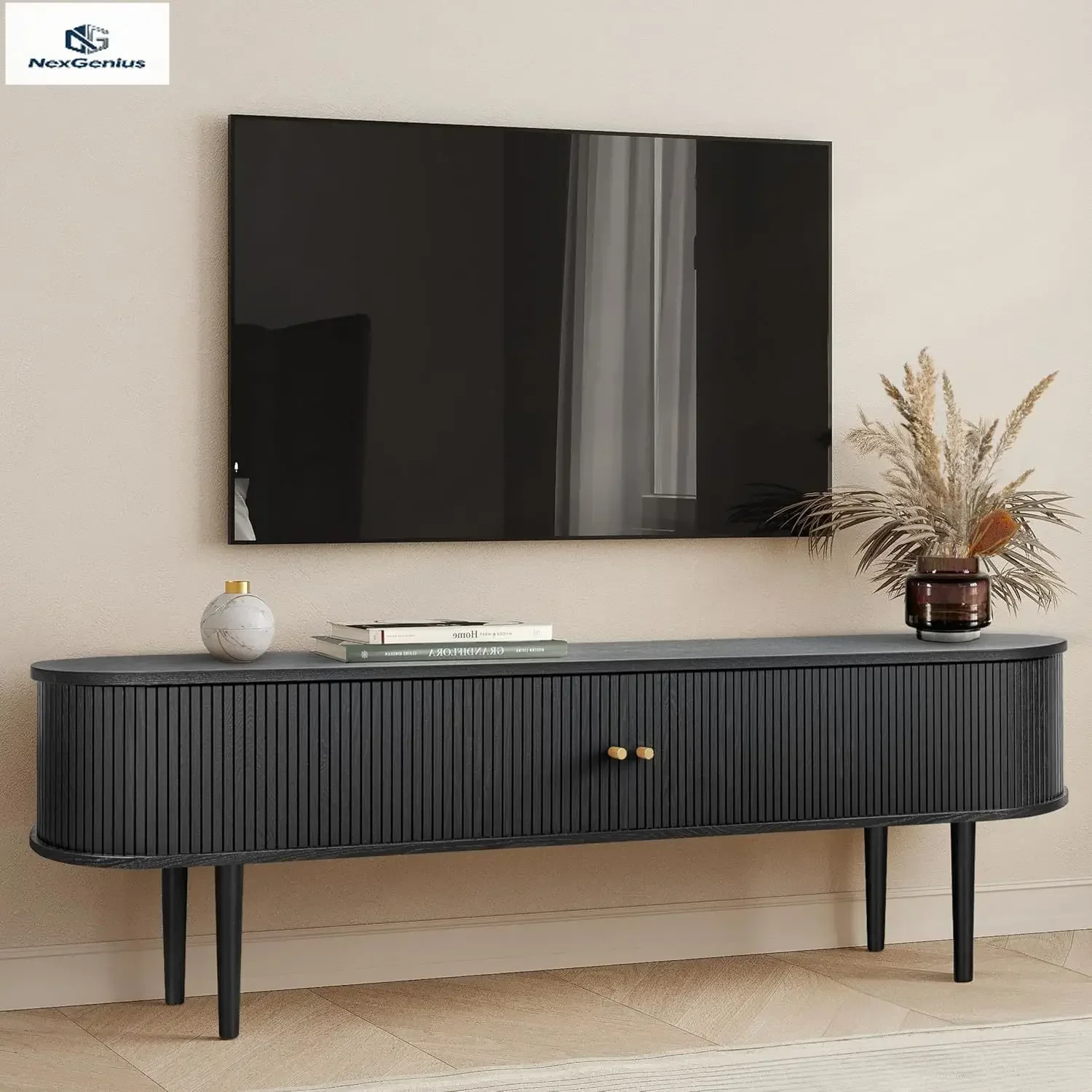 Black Tv Stand With Storage Shelves For 65 To 75 Inch Tvs Black Entertainment Center With Doors For Living Room Bedroom Mid Cent